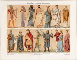 Divat, öltözködés, litográfia 1896 (3), eredeti, német, ókor, középkor, öltözet, viselet, ruha