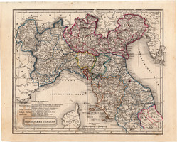 Észak - Olaszország térkép 1854, német nyelvű, eredeti, atlasz, osztrák, Európa, Toszkána, Itália