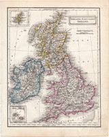 Anglia, Skócia, Írország térkép 1854, német nyelvű, eredeti, atlasz, osztrák, Britannia, Európa