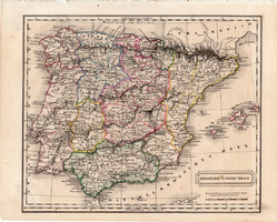 Spanyolország és Portugália térkép 1854, német nyelvű, eredeti, atlasz, osztrák, Hispánia, Európa