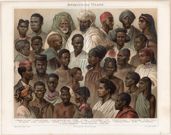 Afrikai népfajok, litográfia 1896, eredeti, német nylevű, nép, ember, Afrika, arab, kopt, berber