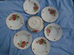 Zsolnay rózsás mély tányér,6 db+ 1 db hatalmas méretű köretes tál 1930-40 évek