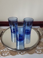                 Retro tükör tálca, kínáló + 3 db kék vizes pohár   