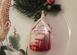Régi figurális üveg karácsonyfadísz havas házikó