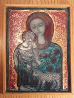 Vitus Lőrincz - Mary with baby Jesus and lamb - fire enamel mural wall decoration marked