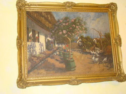 Antique painting oil on canvas village yard