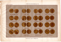 Pénznemek II. (2), színes nyomat 1885, Magyar Lexikon, Rautmann Frigyes, arany, pénz, érme, korona