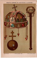 Magyar korona és koronázási jelvények, színes nyomat 1896, jogar, országalma, magyar, király