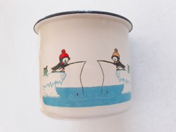 Retro zománcos horgászó pingvines bögre zománcozott régi csésze