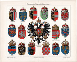 Osztrák - Magyar Monarchia országainak címerei, litográfia 1906, eredeti, német, Magyarország, címer