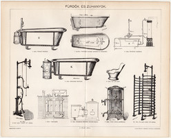 Fürdők és zuhanyok, 1894, egyszín nyomat, eredeti, magyar nyelvű, kád, zuhany, kályha, fürdés