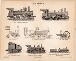 Lokomotívok II., egyszín nyomat 1896, eredeti, magyar, Pallas, gőzmozdony, mozdony, vasút, Heilmann