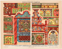 Magyar festett fabútor (4), litográfia 1896, színes nyomat, eredeti, magyar nyelvű, bútor, díszítés