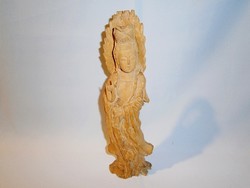 Gyönyörű egy tömbből kézzel faragott fa Kínai Istennő szobor 30 cm magas