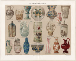 Üvegművészet I. (2), 1894, litográfia, német, eredeti, színes nyomat, üveg, üvegipar, váza, dísz
