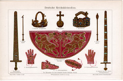 Német koronázási jelvények, ékszerek, színes nyomat 1904, német nyelvű, litográfia, eredeti, korona
