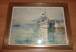 Major Jenő: Balatoni kikötő, jelzett akvarell 1950