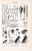 Horgász eszközök, horgok, egyszínű nyomat 1903, német nyelvű, eredeti, horog, csali, damil, toll