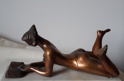 István D. Farkas: girl sunbathing, bronze statue, small sculpture