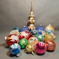 Retro mintás színes üveg gömbök csúcsdísszel karácsonyfadísz , fenyődísz 