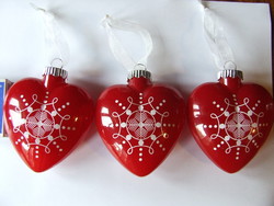 Nagyméretű különleges üveg piros szív alakú karácsonyfa díszek, karácsonyi dekoráció- 3 db egyben