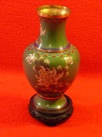 Kínai réz rekeszzománc, cloisonné váza, eredeti fa talpával hibátlan állapotban, 19 + 3,5 cm