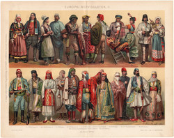 Európai népviseletek II. (1), 1896, színes nyomat, eredeti, magyar nyelvű, viselet, olasz, spanyol