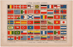 A főbb államok lobogói, litográfia 1892, színes nyomat, eredeti, magyar nyelvű, zászló, ország, régi