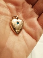 Szecessziós aranyozott ezüst szív medál türkiz kővel