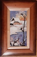 Fehér Margit: Havas táj piros bogyókkal , tűzzománc, 31 x 20 cm kerettel