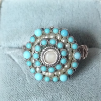 Antik ezüst ötvös gyűrű türkiz , barokk gyöngy