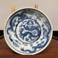 Régi kínai kék fehér porcelán sárkányos tányér - Kína - Ázsia PING