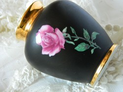 Közel 100 éves Plankenhammer Floss Bavaria kicsi váza, fekete-rózsa, 24 K arany