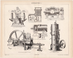 Gőzgépek I., egyszín nyomat 1896, eredeti, magyar, Pallas lexikon mellélete, gőz, gőzgép, Collmann