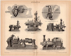 Gőzgépek, egyszín nyomat 1896, eredeti, magyar, Pallas lexikon mellélete, gőz, gőzgép, Laval
