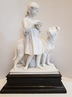 GYŰJTŐKNEK!! HATALMAS!!! Karl Heinrich Möller(1802-1882) biszkvit porcelán kutyát etető kislány 1850