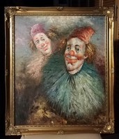 Jelzett, kvalitásos portré bohócokról ( 50 x 60 + keret, olaj )