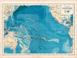 Csendes (Nagy) - óceán térkép 1890, német, atlasz, eredeti, Hartleben, mélység, víz, Óceánia, régi