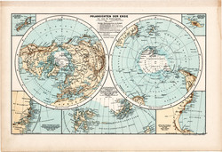 Északi - sark és Déli - sark térkép 1890, német, atlasz, eredeti, Hartleben, Föld, világ, sarkvidék