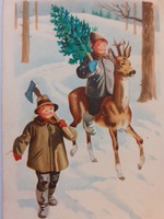 Régi karácsonyi képeslap 1954 szarvasos fenyőfás rajzos levelezőlap