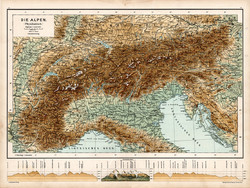 Alpok hegy- és vízrajzi térkép 1890, német, atlasz, eredeti, Hartleben, Európa, hegység, régi