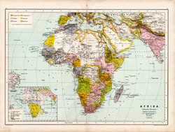 Afrika politikai térkép 1890, német, atlasz, eredeti, Hartleben, kontinens, Szahara, Egyiptom, régi