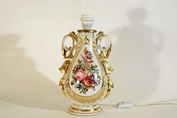35cm Antik Cseh Porcelán Asztali Lámpa Festett Aranyozott Virágos Dekorral Díszítéssel