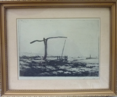 István Szőnyi: boom well [etching, marked, framed, 32x26 cm] lowland, field, plain, wilderness, countryside