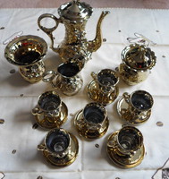 Retro Romanian porcelain coffee set: golden cups with placemat, spout, coffee pot, vase