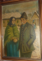 LADÁNYI IMRE: Falusi utcakép idős párral, 1937 (olaj-vászon 27x37) - Aba-Novák Vilmos tanítványa!