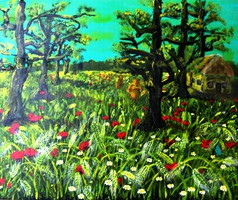 Women on the poppy meadow - cozy oil painting