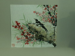 Madárka szilvafa virágok között , kínai festmény