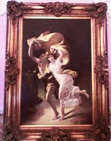 Kiűzetés a paradicsomból, nagy méretű bibliai jelenet, díszes keretben, Pierre Auguste Cot alapján.