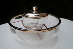 Ezüstözött Angol fedeles melegentartó fedeles edény üveg tálkával
